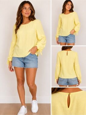 Vince Camuto Yellow Long Sleeve Tie Cuff Blouse Women’s XS Textured Keyhole Back